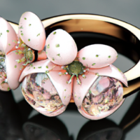 a jewelry design, sakura-themed ring, gemstones and diamonds, luxury, closeup, product view, trending on artstation, cgsociety, ultra quality, digital art, exquisite hyper details, 4k, Soft illumination, dreamy, fashion, rendering by unreal engine