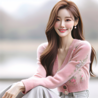 korea beauty, wearing a pink sweater with a floral pattern button down collar cardigan top and light gray wide leg jeans, long straight hair hanging over the shoulder, smiling face, earrings, outdoor background, light depth of field, soft tones, natural posture. High definition photography photos with high resolution details and high quality in a full body portrait style.