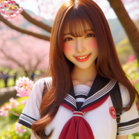 On a sunny afternoon, an Asian high school girl, a beautiful girl with long hair and bangs, a pure and sweet appearance, wearing a Japanese student uniform, is standing in the cherry blossom forest, with cherry blossoms in the foreground, upper body front face shot, facing the camera with a happy smile, surrounded by Environments are bright colors, shot with film camera, 8k