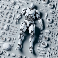 White Iron Man robot, scattered around many machine Iron Man model parts, pure solid color background screen, Mech style, top view, 4k.