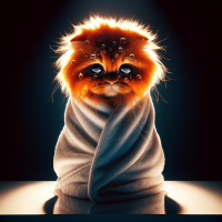 An orange cat wrapped in white cloth and getting ready for a haircut, eyes full of tears, backlighting, HD